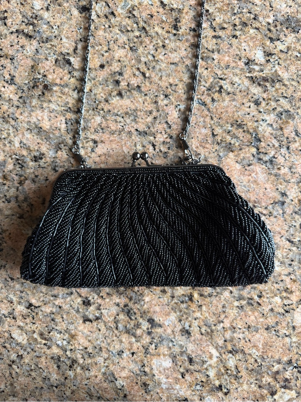 Black Beaded Evening Clutch with Chain Strap